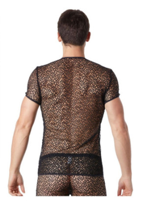 T-shirt noir sexy filet irrégulier fétichiste - LM810-77BLK